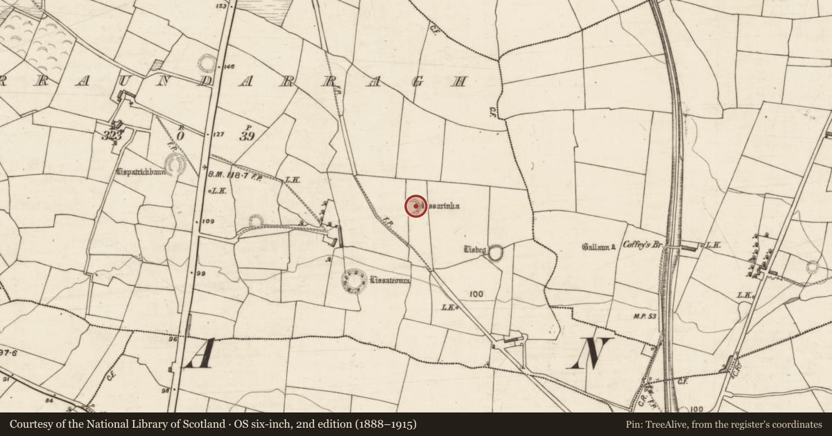 Ordnance Survey six-inch map, 2nd edition (1888–1915) covering the location of Enclosure, Garraundarragh, County Kerry, with a pin at the register's coordinates