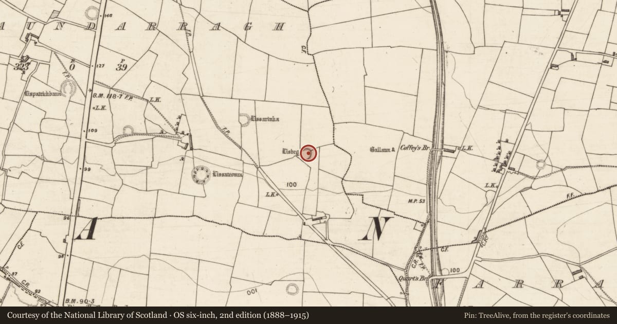 Ordnance Survey six-inch map, 2nd edition (1888–1915) covering the location of Ringfort - rath, Garraundarragh, County Kerry, with a pin at the register's coordinates