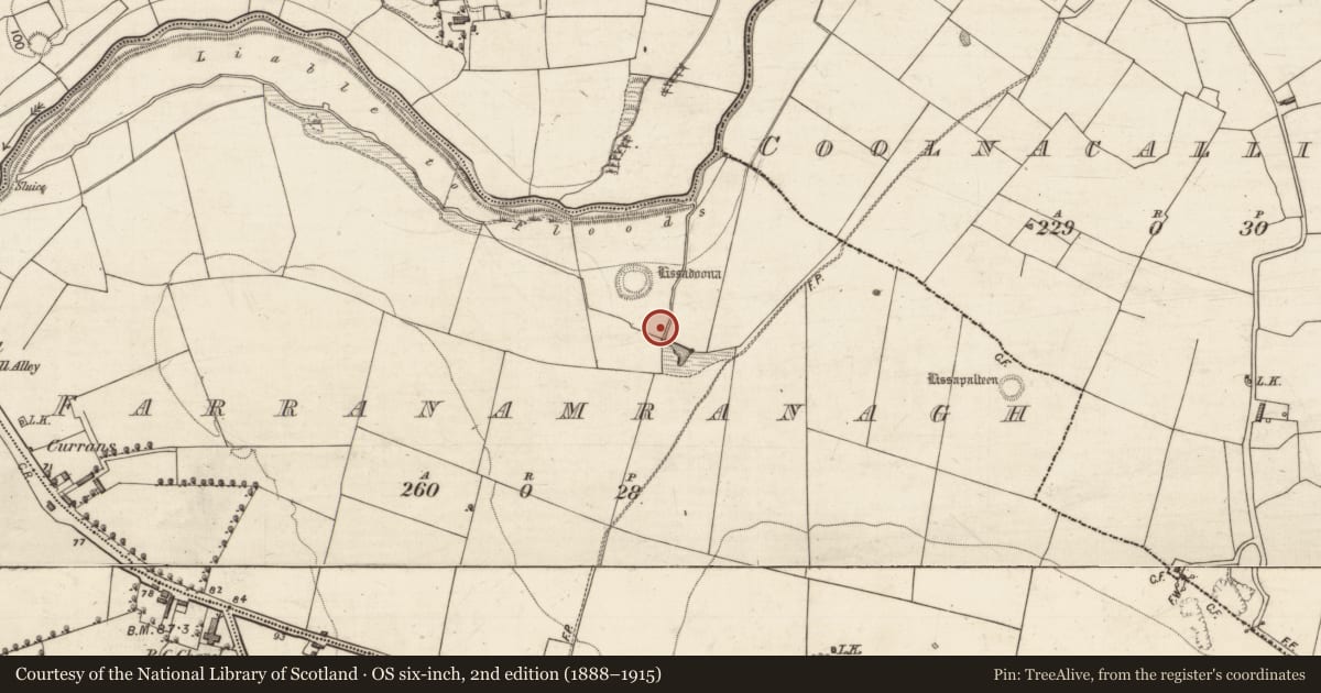 Ordnance Survey six-inch map, 2nd edition (1888–1915) covering the location of Fulacht fia, Farranamranagh, County Kerry, with a pin at the register's coordinates