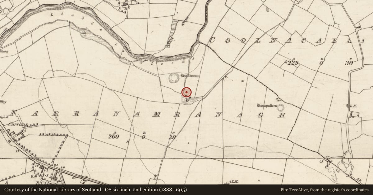 Ordnance Survey six-inch map, 2nd edition (1888–1915) covering the location of Fulacht fia, Farranamranagh, County Kerry, with a pin at the register's coordinates