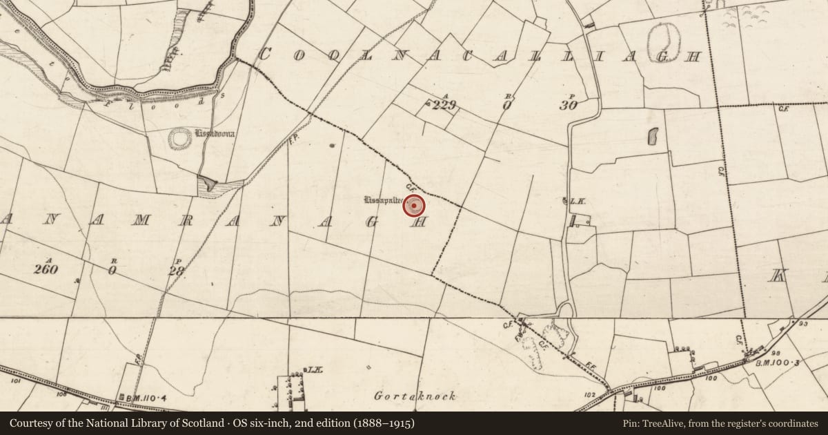 Ordnance Survey six-inch map, 2nd edition (1888–1915) covering the location of Ringfort - rath, Farranamranagh, County Kerry, with a pin at the register's coordinates