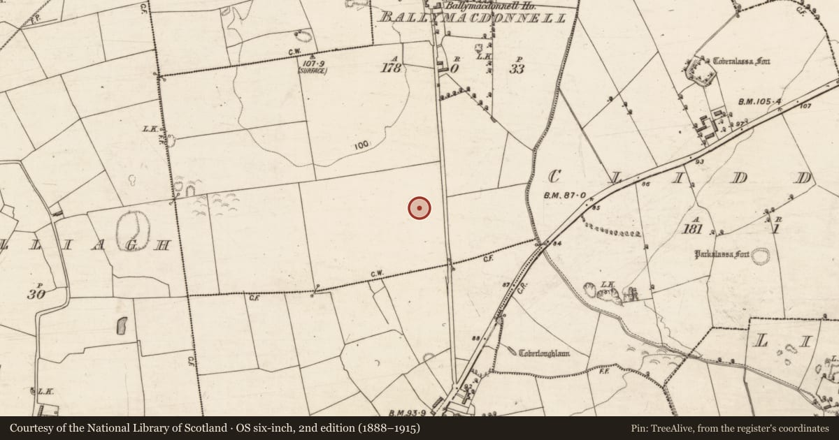 Ordnance Survey six-inch map, 2nd edition (1888–1915) covering the location of Fulacht fia, Ballymacdonnell, County Kerry, with a pin at the register's coordinates