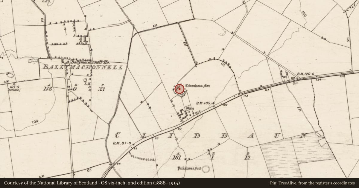 Ordnance Survey six-inch map, 2nd edition (1888–1915) covering the location of Moated site, Cliddaun, County Kerry, with a pin at the register's coordinates