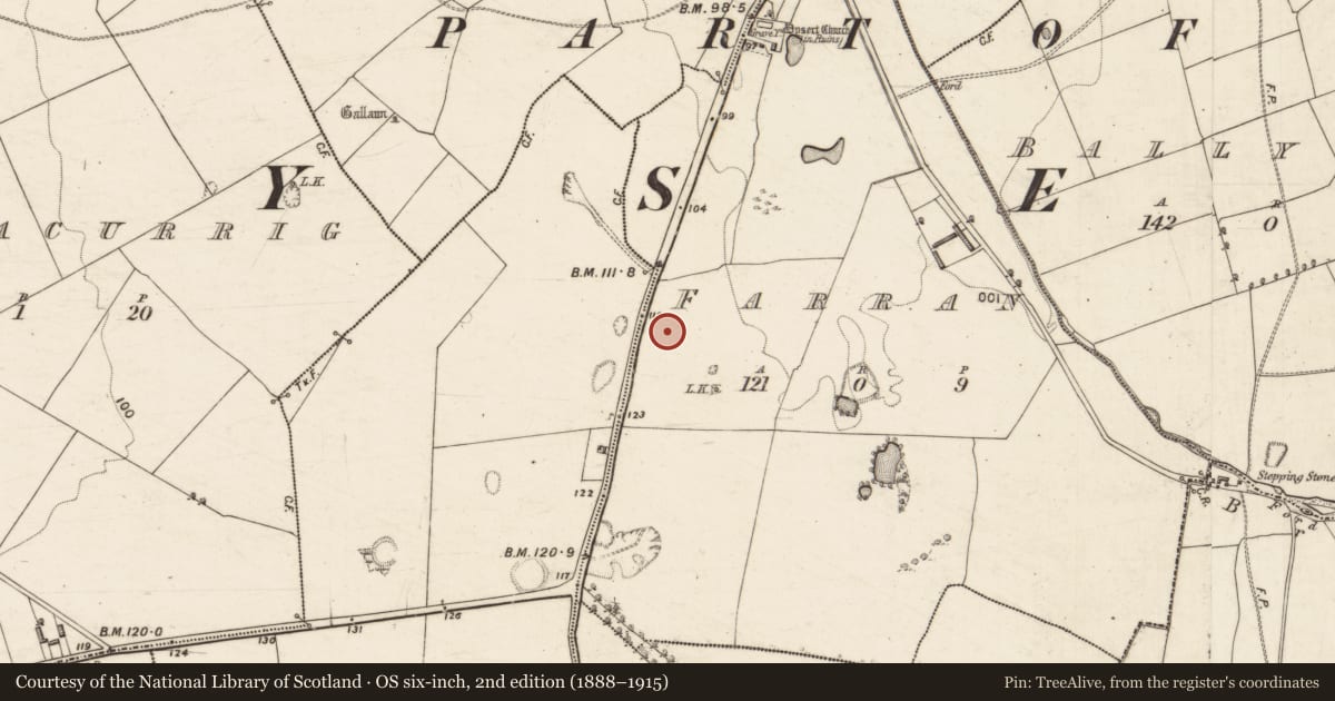 Ordnance Survey six-inch map, 2nd edition (1888–1915) covering the location of Ecclesiastical enclosure, Farran, County Kerry, with a pin at the register's coordinates