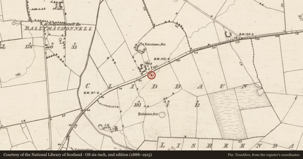 Ordnance Survey six-inch map, 2nd edition (1888–1915) covering the location of Enclosure, Cliddaun, County Kerry, with a pin at the register's coordinates