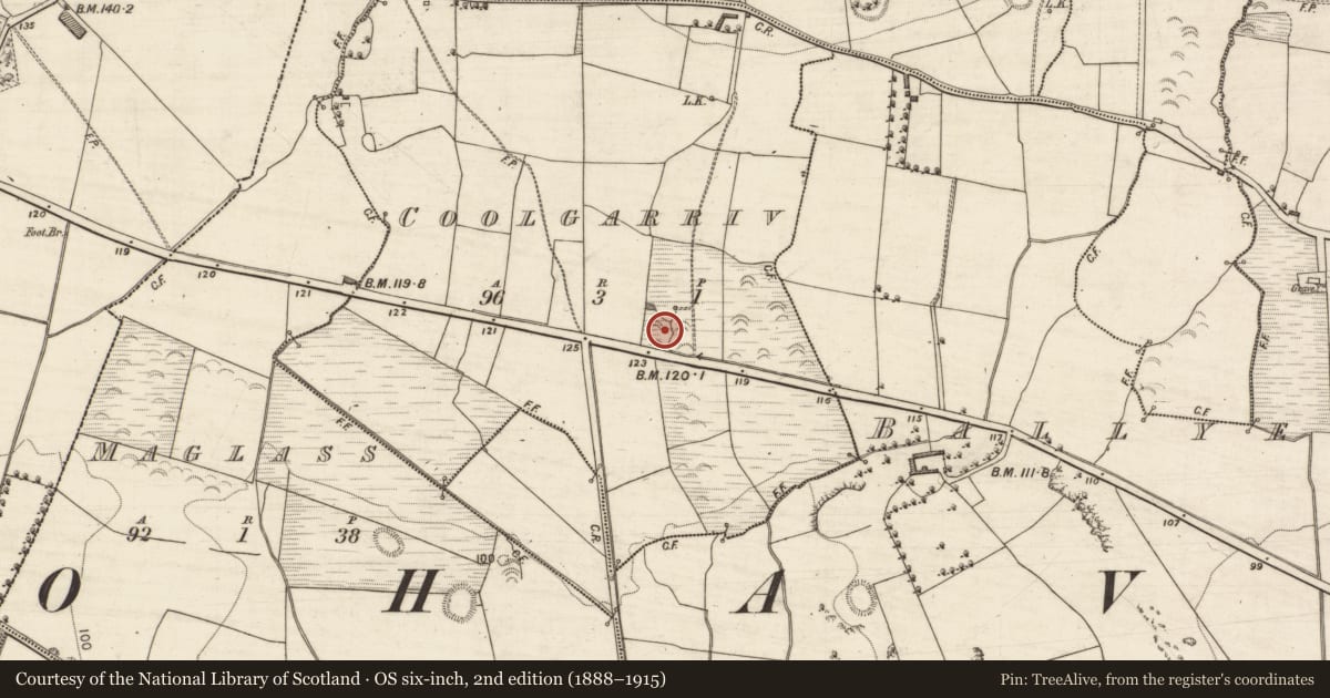 Ordnance Survey six-inch map, 2nd edition (1888–1915) covering the location of Fulacht fia, Coolgarriv, County Kerry, with a pin at the register's coordinates