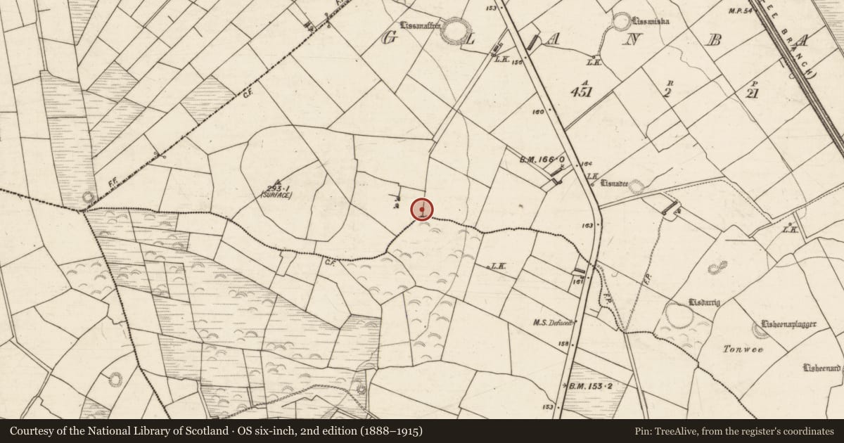 Ordnance Survey six-inch map, 2nd edition (1888–1915) covering the location of Hilltop enclosure, Garraundarragh, Glanbane, County Kerry, with a pin at the register's coordinates