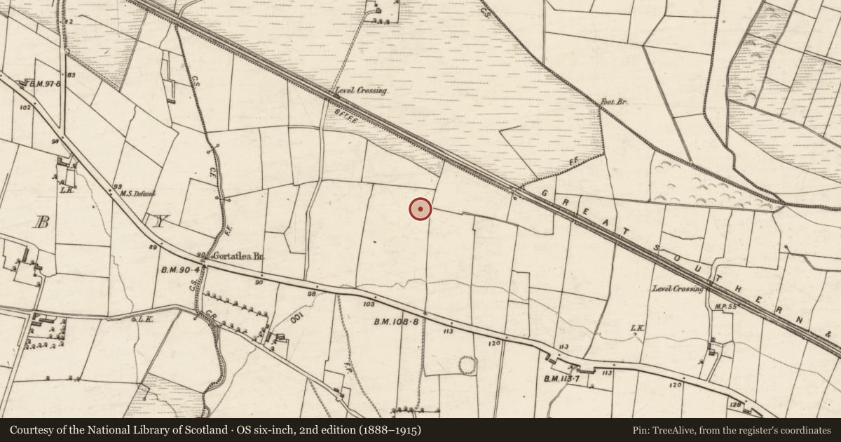 Ordnance Survey six-inch map, 2nd edition (1888–1915) covering the location of Burnt mound, Gortatlea, County Kerry, with a pin at the register's coordinates