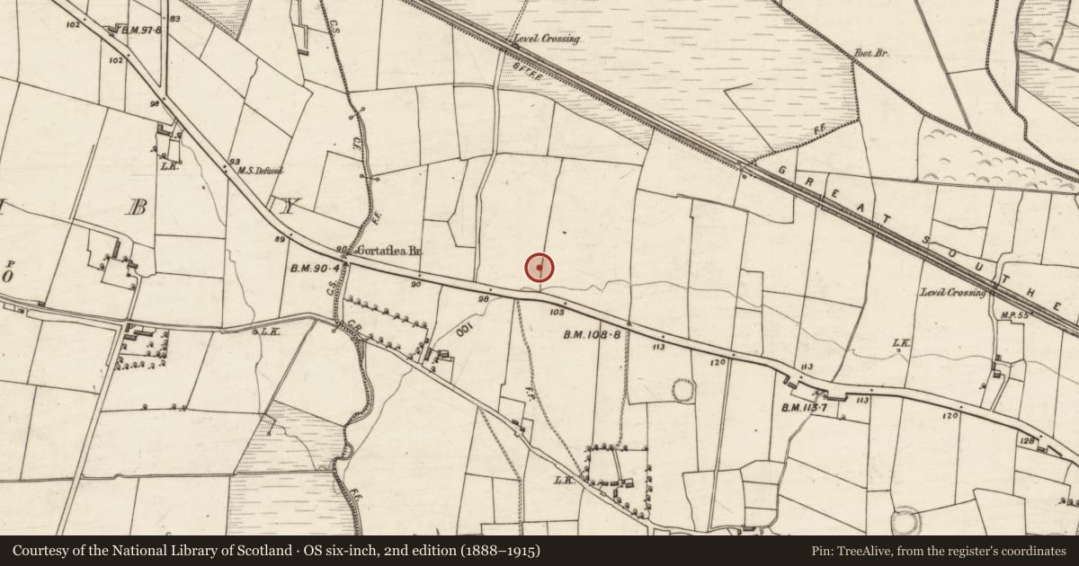 Ordnance Survey six-inch map, 2nd edition (1888–1915) covering the location of Enclosure, Gortatlea, County Kerry, with a pin at the register's coordinates