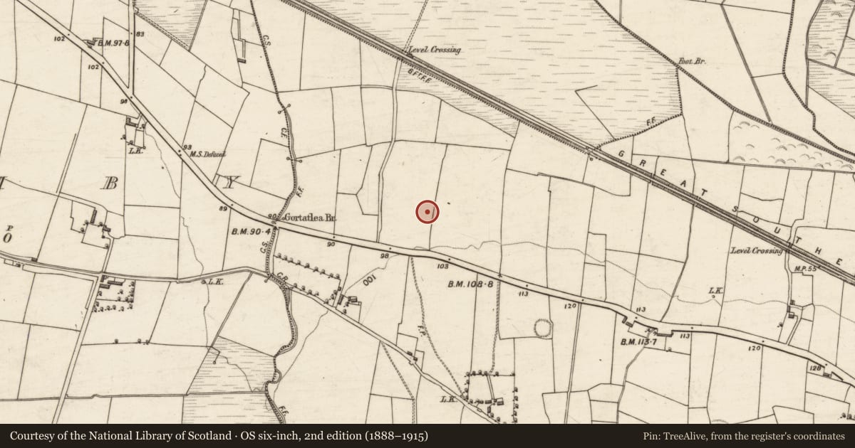 Ordnance Survey six-inch map, 2nd edition (1888–1915) covering the location of Enclosure, Gortatlea, County Kerry, with a pin at the register's coordinates