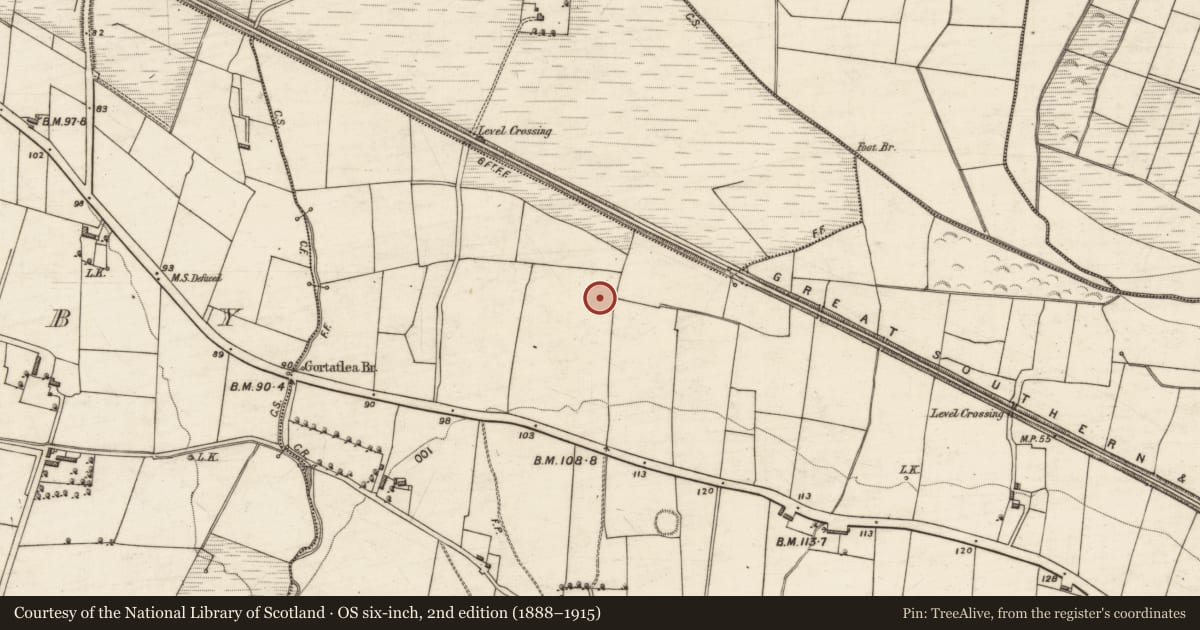 Ordnance Survey six-inch map, 2nd edition (1888–1915) covering the location of Burnt spread, Gortatlea, County Kerry, with a pin at the register's coordinates