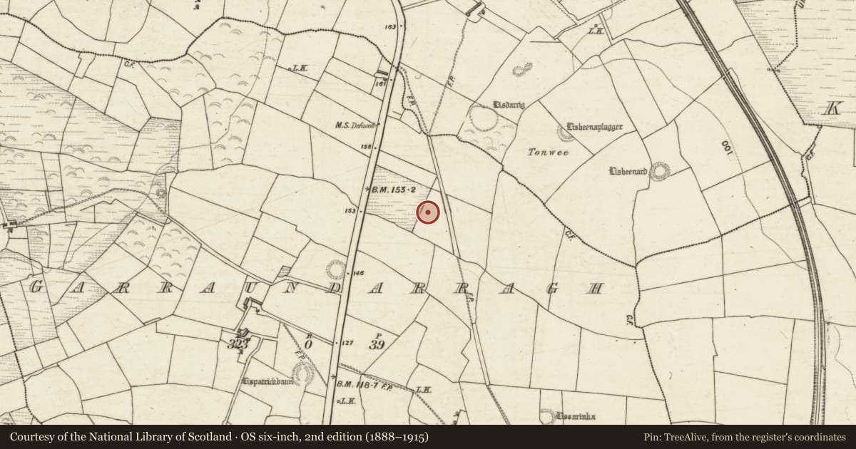 Ordnance Survey six-inch map, 2nd edition (1888–1915) covering the location of Burnt spread, Garraundarragh, County Kerry, with a pin at the register's coordinates