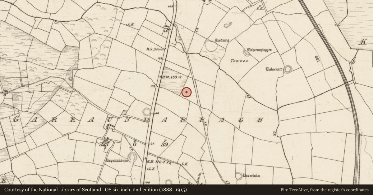 Ordnance Survey six-inch map, 2nd edition (1888–1915) covering the location of Burnt spread, Garraundarragh, County Kerry, with a pin at the register's coordinates