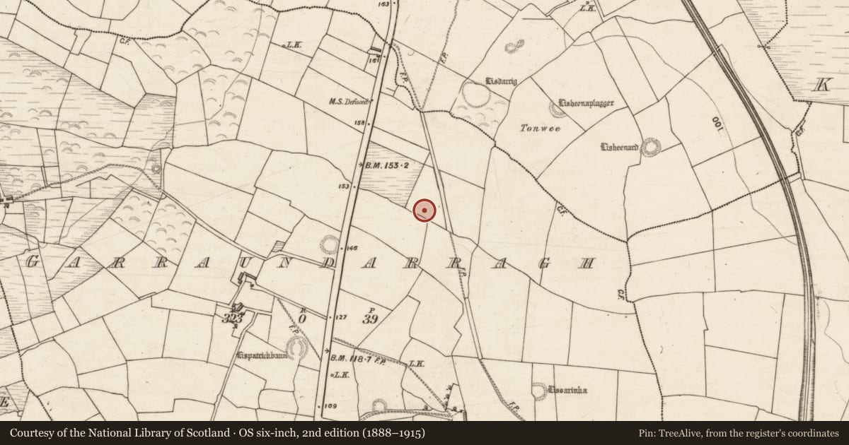 Ordnance Survey six-inch map, 2nd edition (1888–1915) covering the location of Burnt spread, Garraundarragh, County Kerry, with a pin at the register's coordinates