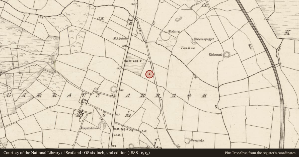 Ordnance Survey six-inch map, 2nd edition (1888–1915) covering the location of Burnt spread, Garraundarragh, County Kerry, with a pin at the register's coordinates