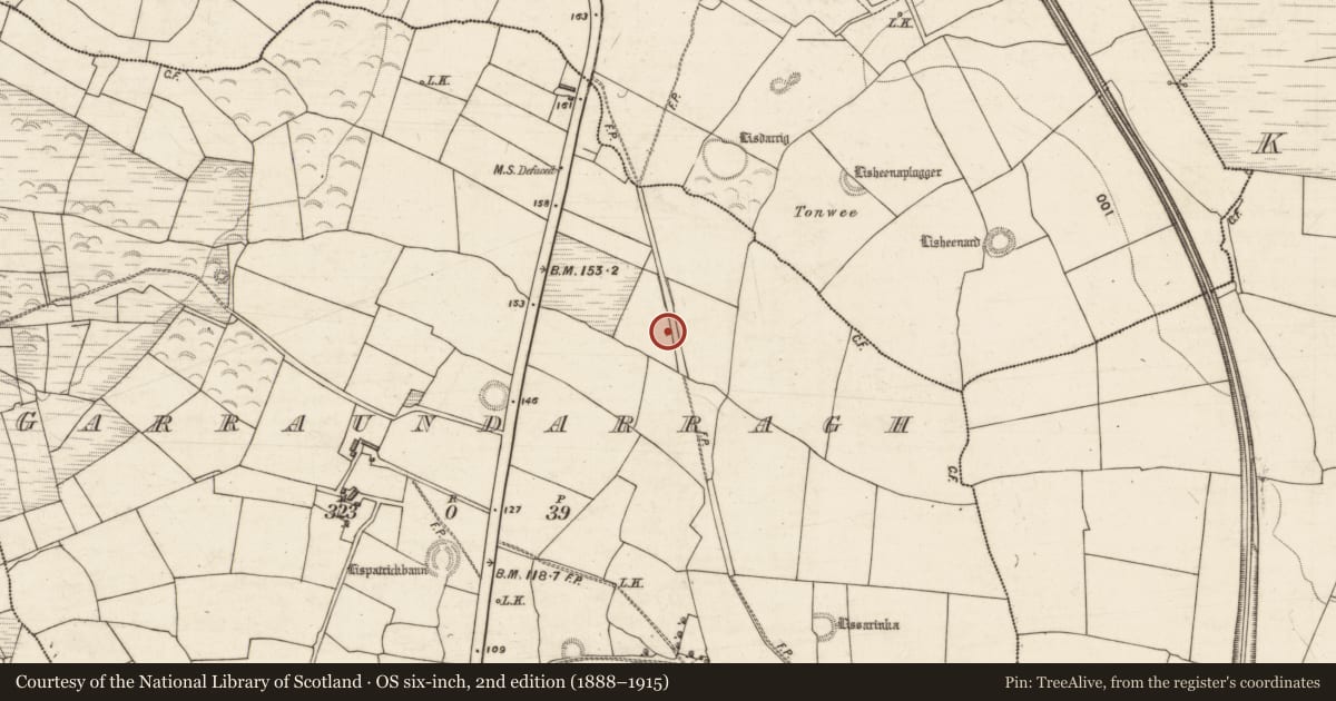 Ordnance Survey six-inch map, 2nd edition (1888–1915) covering the location of Burnt spread, Garraundarragh, County Kerry, with a pin at the register's coordinates