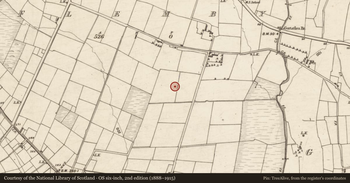 Ordnance Survey six-inch map, 2nd edition (1888–1915) covering the location of Ring-ditch, Flemby, County Kerry, with a pin at the register's coordinates