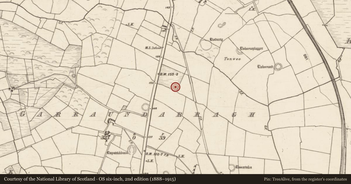 Ordnance Survey six-inch map, 2nd edition (1888–1915) covering the location of Fulacht fia, Garraundarragh, County Kerry, with a pin at the register's coordinates
