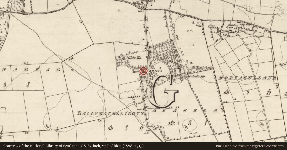 Ordnance Survey six-inch map, 2nd edition (1888–1915) covering the location of Church, Ballymacelligott, County Kerry, with a pin at the register's coordinates