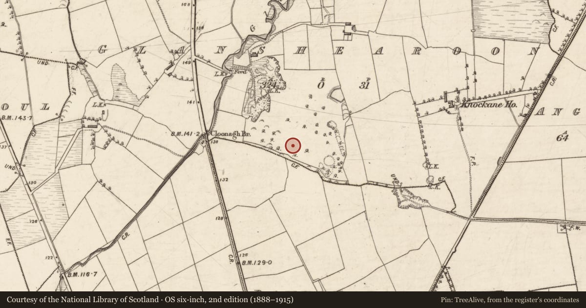 Ordnance Survey six-inch map, 2nd edition (1888–1915) covering the location of Church, Glanshearoon, County Kerry, with a pin at the register's coordinates