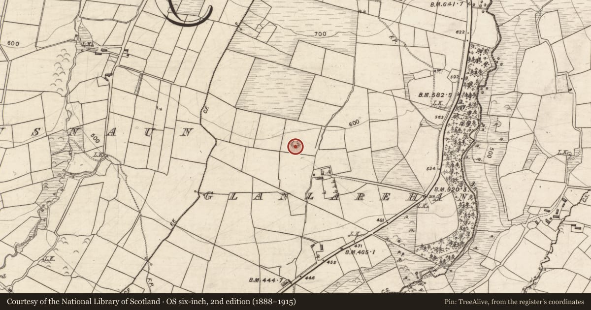Ordnance Survey six-inch map, 2nd edition (1888–1915) covering the location of Enclosure, Glanlarehan, County Kerry, with a pin at the register's coordinates