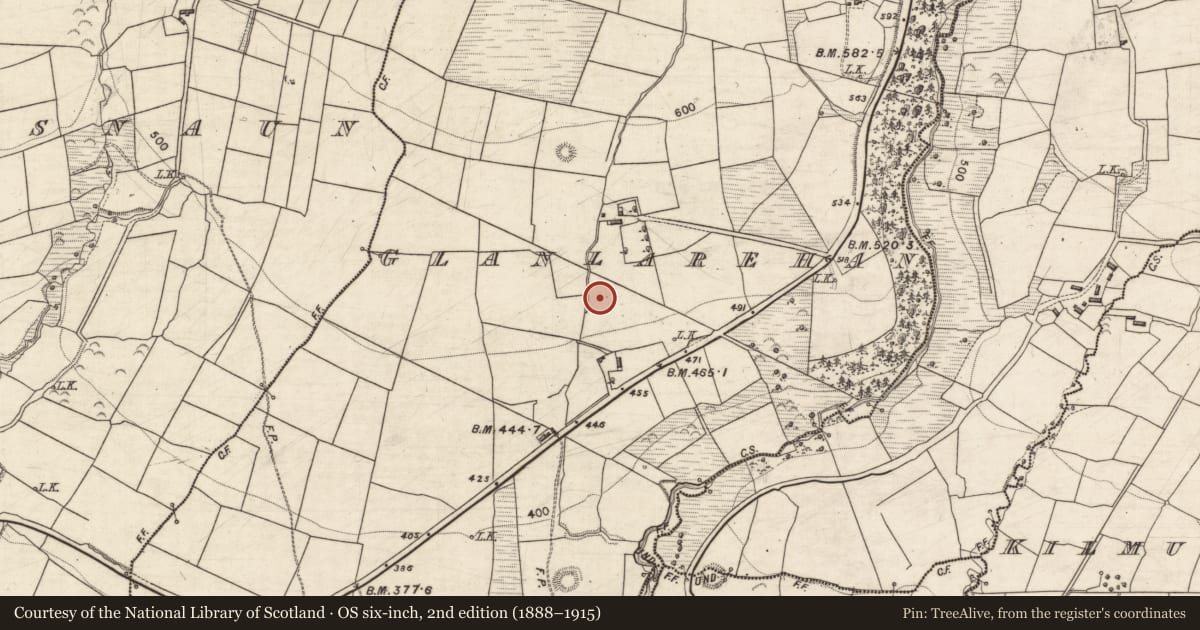 Ordnance Survey six-inch map, 2nd edition (1888–1915) covering the location of Fulacht fia, Glanlarehan, County Kerry, with a pin at the register's coordinates