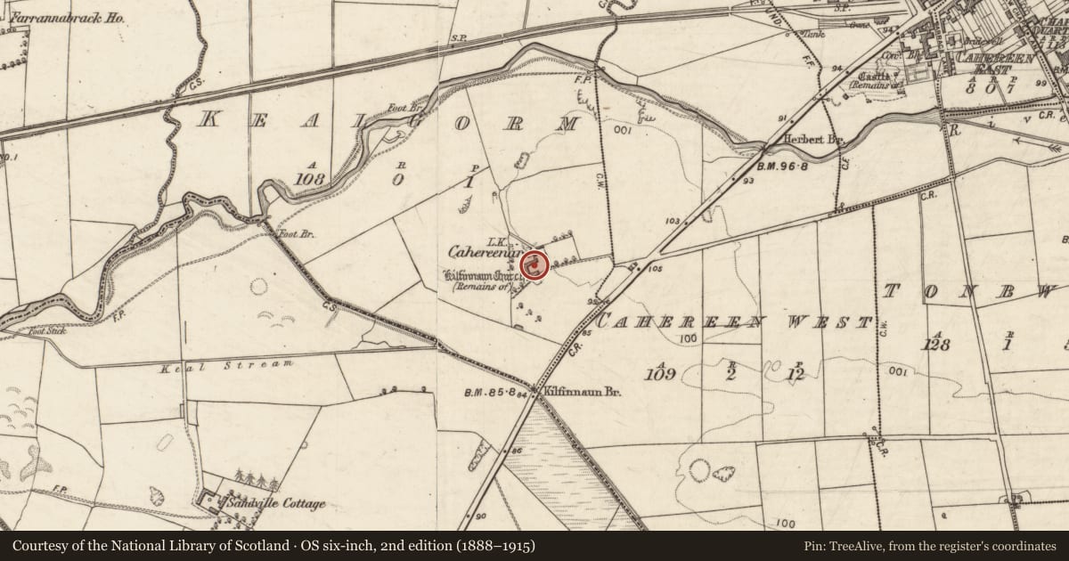Ordnance Survey six-inch map, 2nd edition (1888–1915) covering the location of Church, Kealgorm, County Kerry, with a pin at the register's coordinates