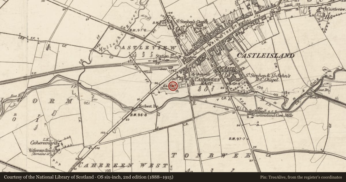 Ordnance Survey six-inch map, 2nd edition (1888–1915) covering the location of Castle - Anglo-Norman masonry castle, Castleview, County Kerry, with a pin at the register's coordinates