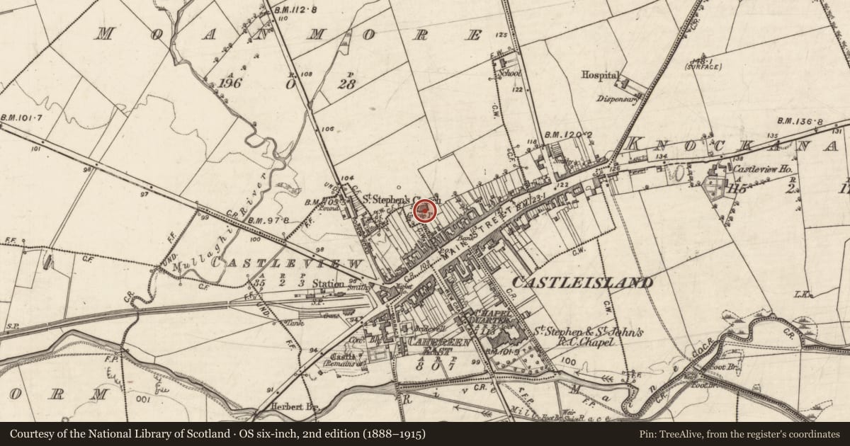 Ordnance Survey six-inch map, 2nd edition (1888–1915) covering the location of Church, Moanmore, County Kerry, with a pin at the register's coordinates