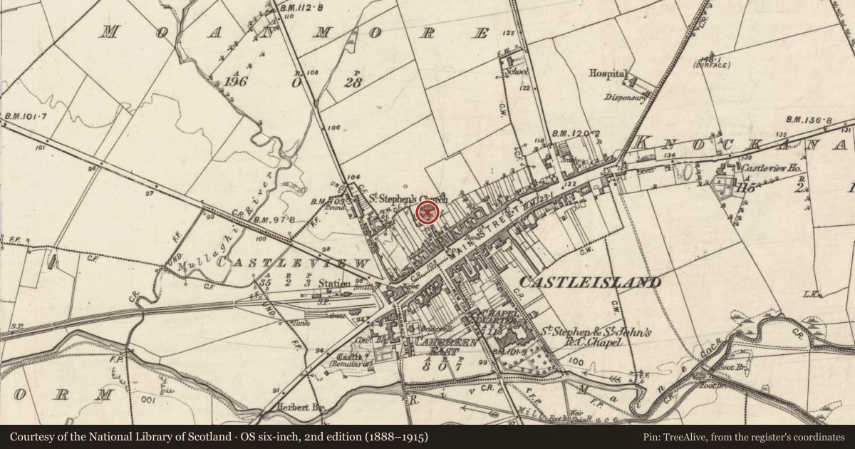 Ordnance Survey six-inch map, 2nd edition (1888–1915) covering the location of Architectural fragment, Moanmore, County Kerry, with a pin at the register's coordinates