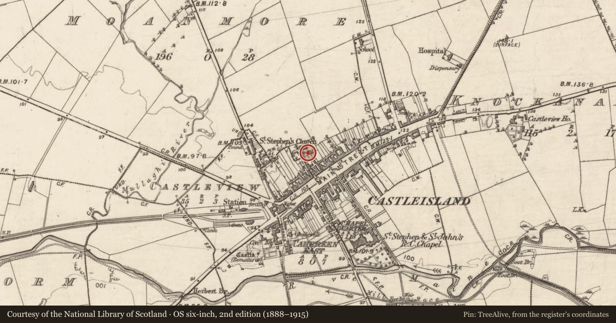 Ordnance Survey six-inch map, 2nd edition (1888–1915) covering the location of Graveyard, Moanmore, County Kerry, with a pin at the register's coordinates