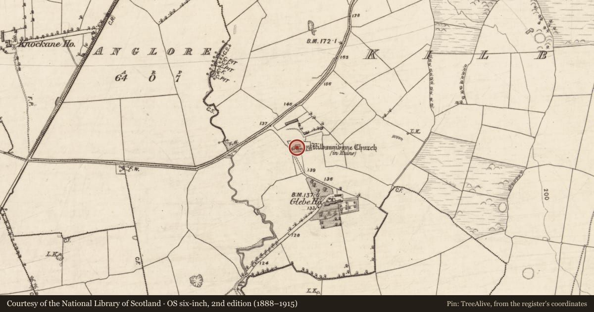 Ordnance Survey six-inch map, 2nd edition (1888–1915) covering the location of Church, Kilbannivane, County Kerry, with a pin at the register's coordinates