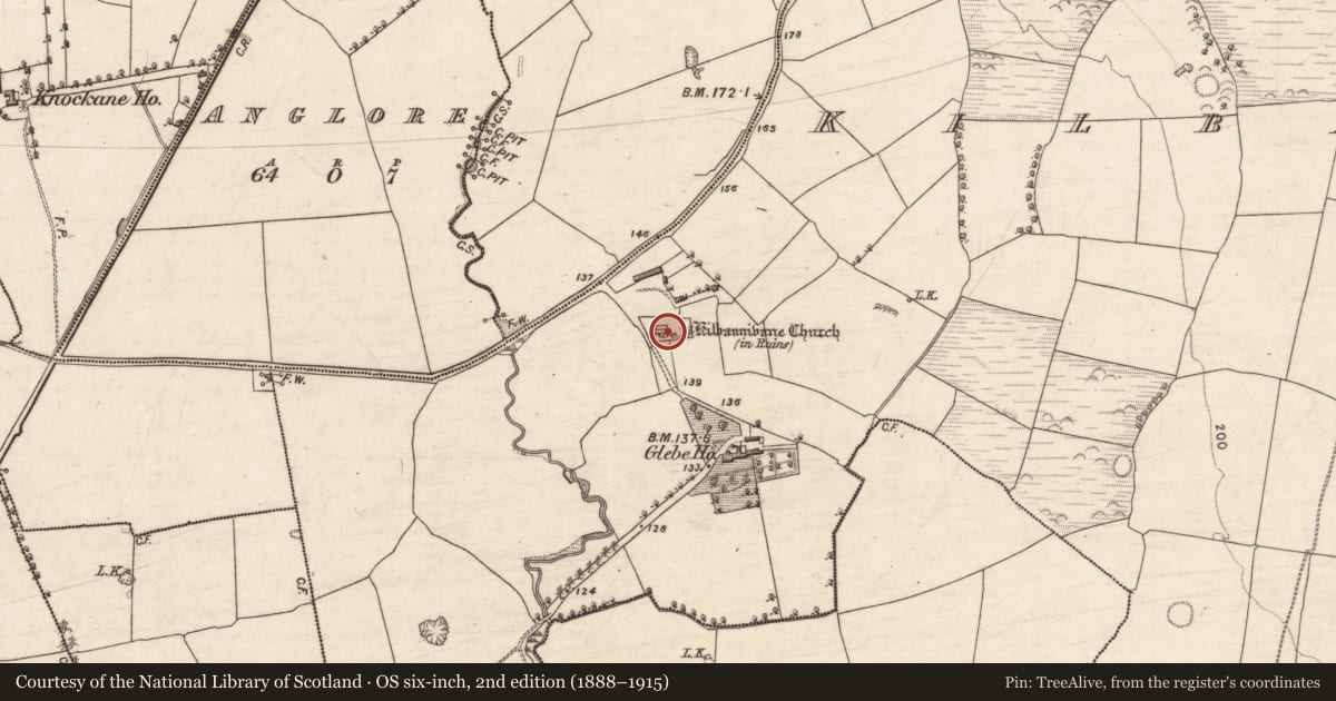 Ordnance Survey six-inch map, 2nd edition (1888–1915) covering the location of Graveyard, Kilbannivane, County Kerry, with a pin at the register's coordinates