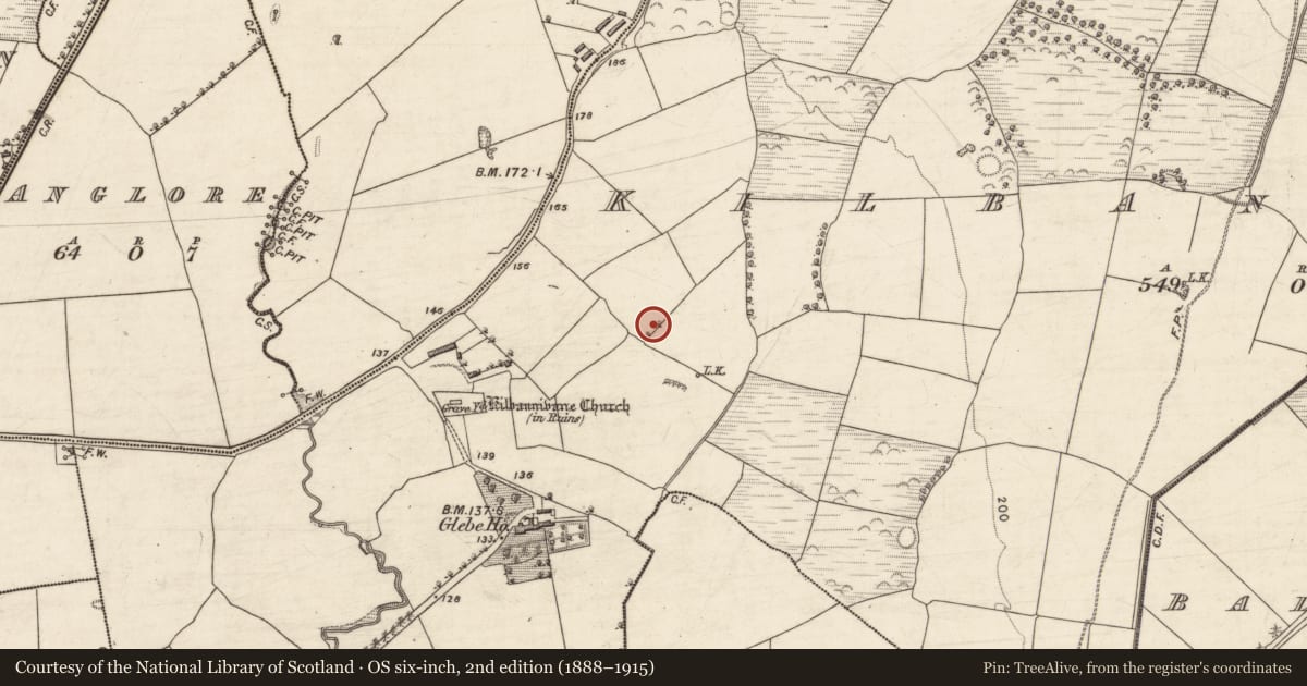 Ordnance Survey six-inch map, 2nd edition (1888–1915) covering the location of Ecclesiastical enclosure, Kilbannivane, County Kerry, with a pin at the register's coordinates