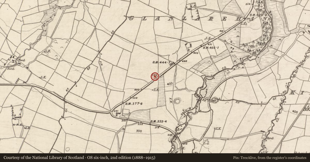 Ordnance Survey six-inch map, 2nd edition (1888–1915) covering the location of Burnt spread, Glanlarehan, County Kerry, with a pin at the register's coordinates