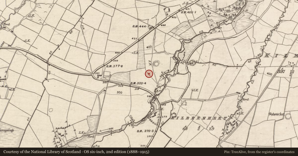 Ordnance Survey six-inch map, 2nd edition (1888–1915) covering the location of Enclosure, Glanlarehan, County Kerry, with a pin at the register's coordinates