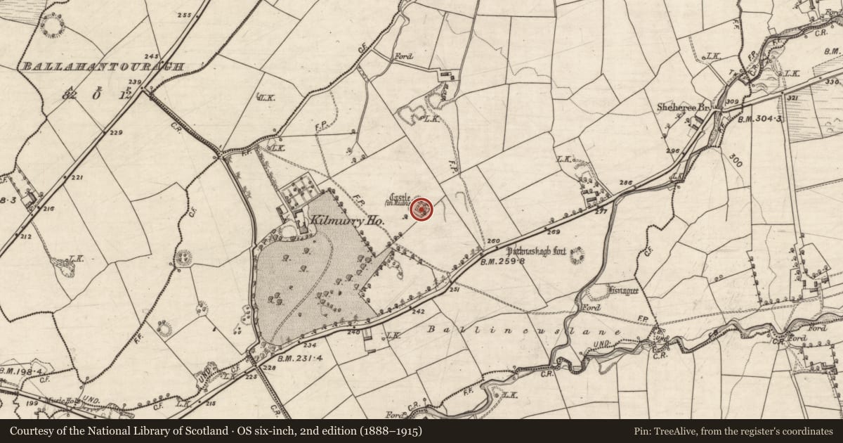 Ordnance Survey six-inch map, 2nd edition (1888–1915) covering the location of Enclosure, Kilmurry, County Kerry, with a pin at the register's coordinates