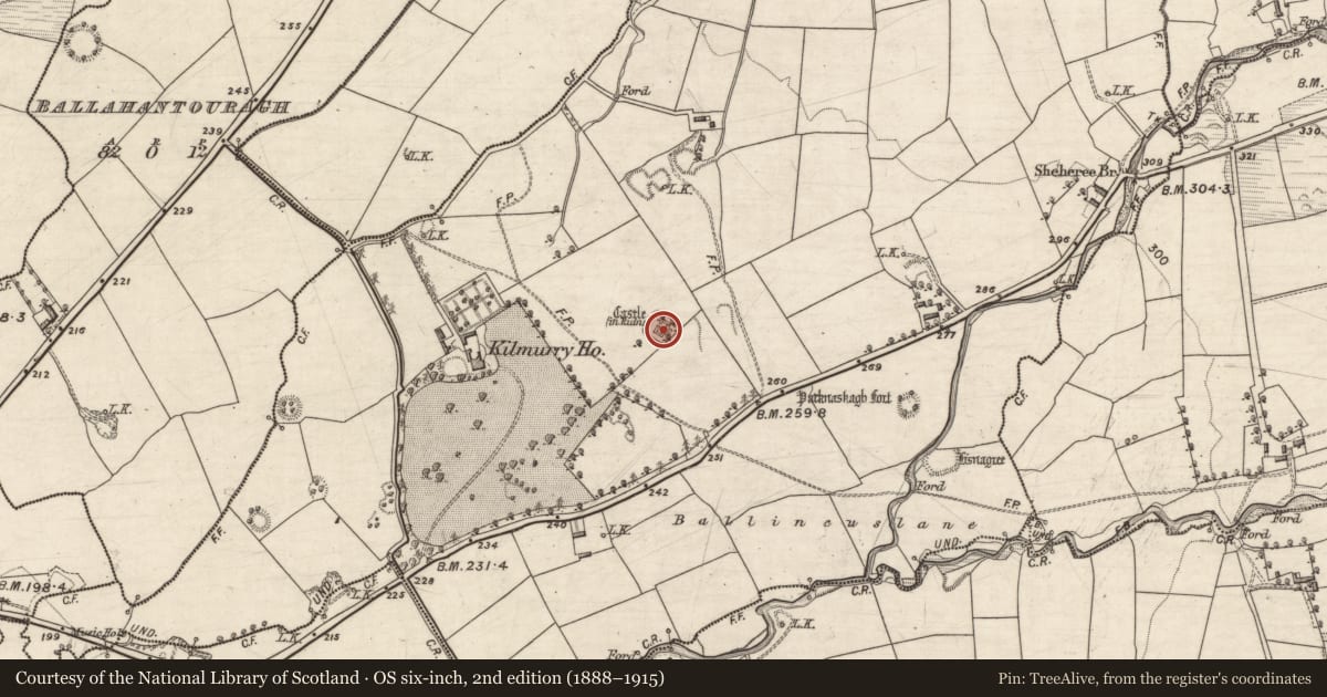 Ordnance Survey six-inch map, 2nd edition (1888–1915) covering the location of House - fortified house, Kilmurry, County Kerry, with a pin at the register's coordinates