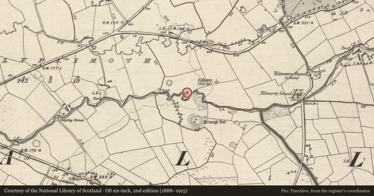 Ordnance Survey six-inch map, 2nd edition (1888–1915) covering the location of Earthwork, Kilquane, County Kerry, with a pin at the register's coordinates