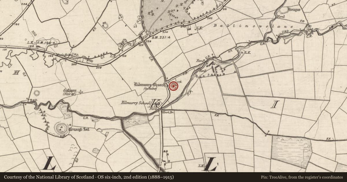 Ordnance Survey six-inch map, 2nd edition (1888–1915) covering the location of Church, Kilquane, County Kerry, with a pin at the register's coordinates