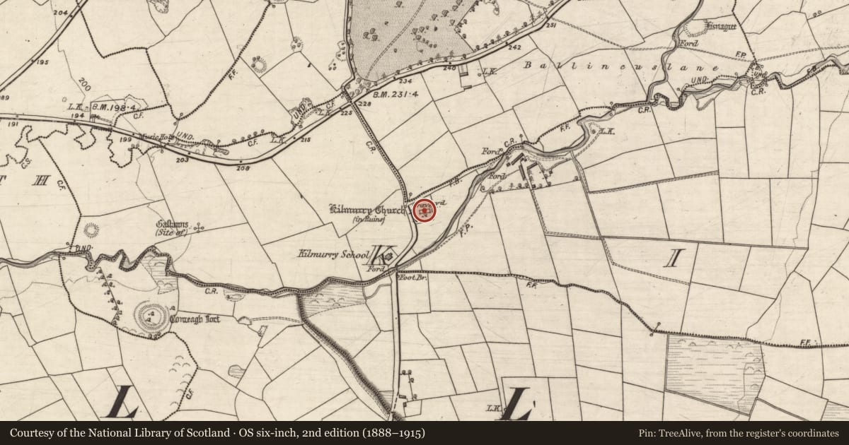 Ordnance Survey six-inch map, 2nd edition (1888–1915) covering the location of Graveyard, Kilquane, County Kerry, with a pin at the register's coordinates