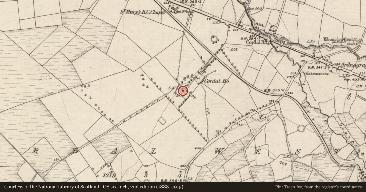 Ordnance Survey six-inch map, 2nd edition (1888–1915) covering the location of Ringfort - rath, Cordal West, County Kerry, with a pin at the register's coordinates