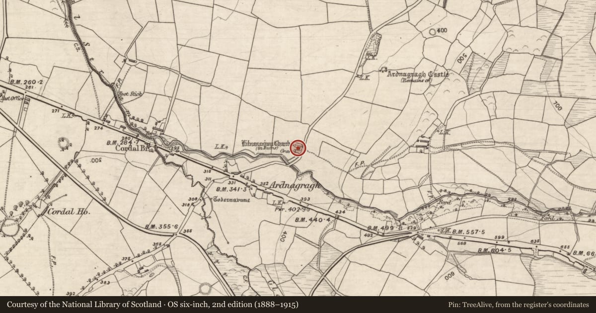 Ordnance Survey six-inch map, 2nd edition (1888–1915) covering the location of Church, Cordal East, County Kerry, with a pin at the register's coordinates