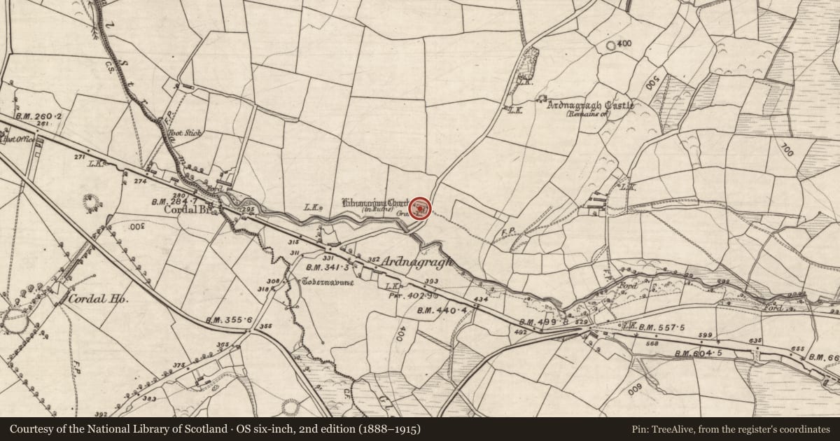 Ordnance Survey six-inch map, 2nd edition (1888–1915) covering the location of Graveyard, Cordal East, County Kerry, with a pin at the register's coordinates