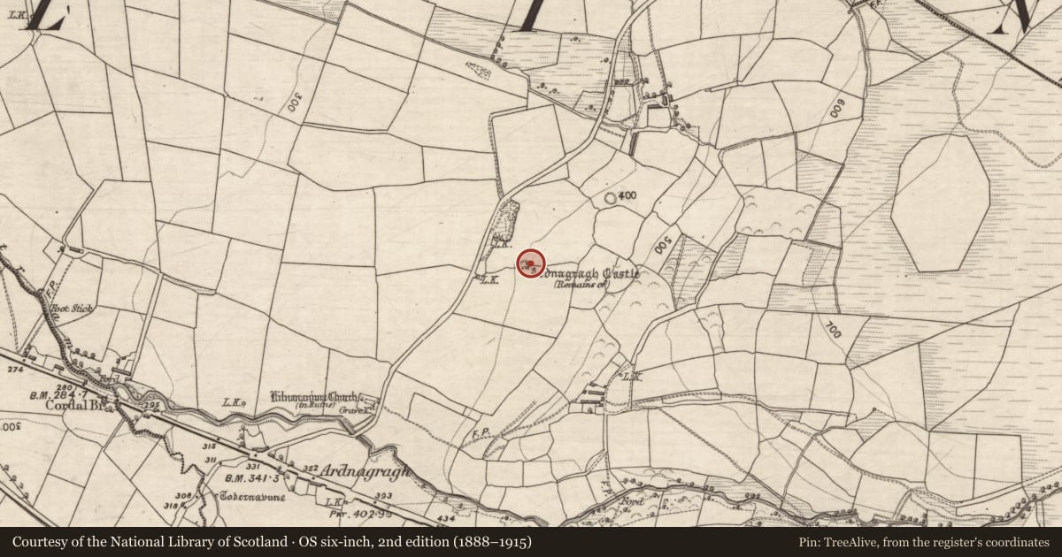 Ordnance Survey six-inch map, 2nd edition (1888–1915) covering the location of Castle - unclassified, Cordal East, County Kerry, with a pin at the register's coordinates