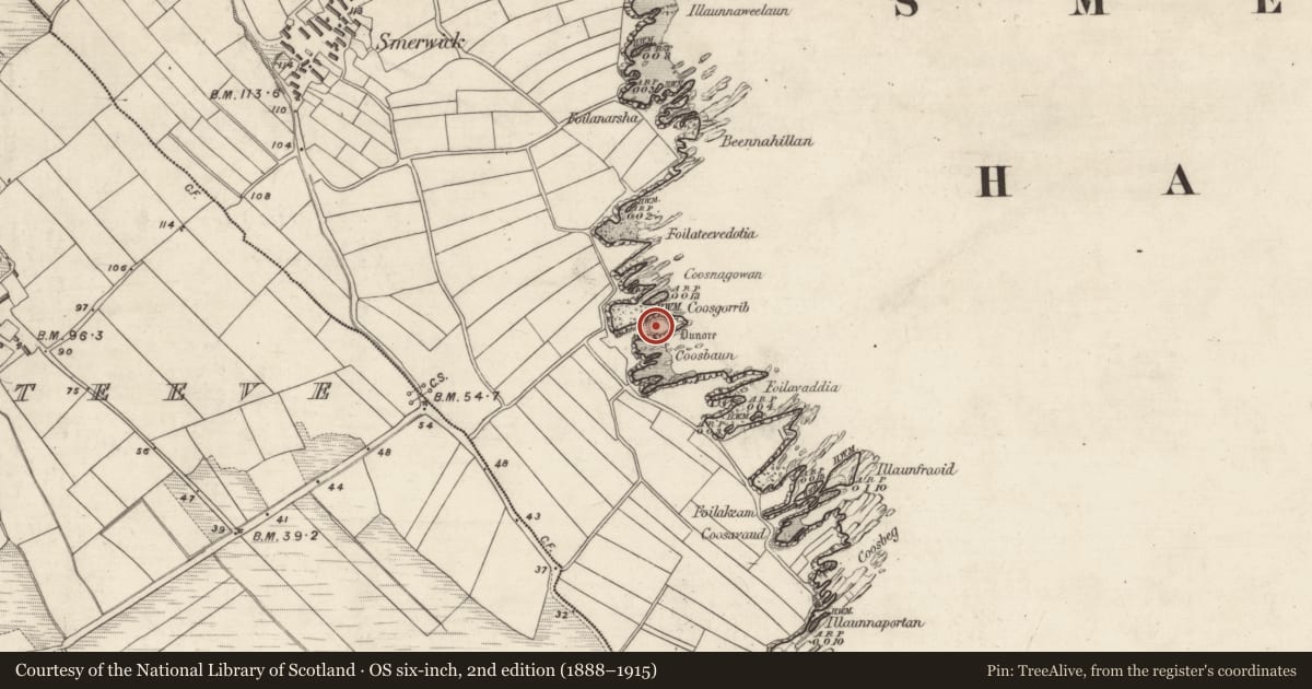 Ordnance Survey six-inch map, 2nd edition (1888–1915) covering the location of Hut site, Ard Na Caithne, County Kerry, with a pin at the register's coordinates