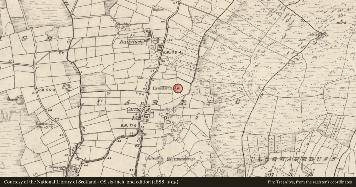Ordnance Survey six-inch map, 2nd edition (1888–1915) covering the location of Ringfort - rath, An Charraig, County Kerry, with a pin at the register's coordinates