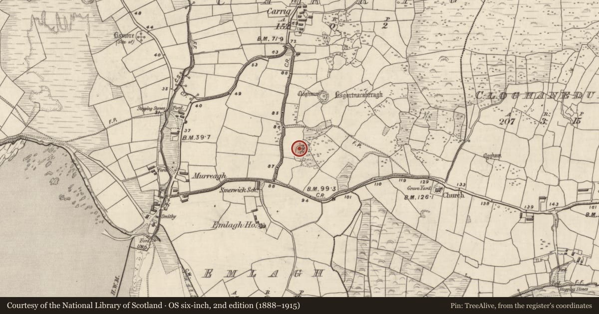 Ordnance Survey six-inch map, 2nd edition (1888–1915) covering the location of Hut site, An Charraig, County Kerry, with a pin at the register's coordinates