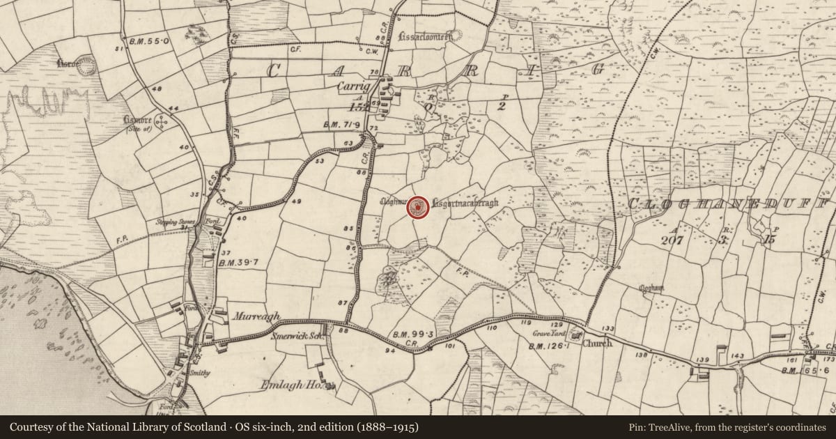 Ordnance Survey six-inch map, 2nd edition (1888–1915) covering the location of Clochan, An Charraig, County Kerry, with a pin at the register's coordinates