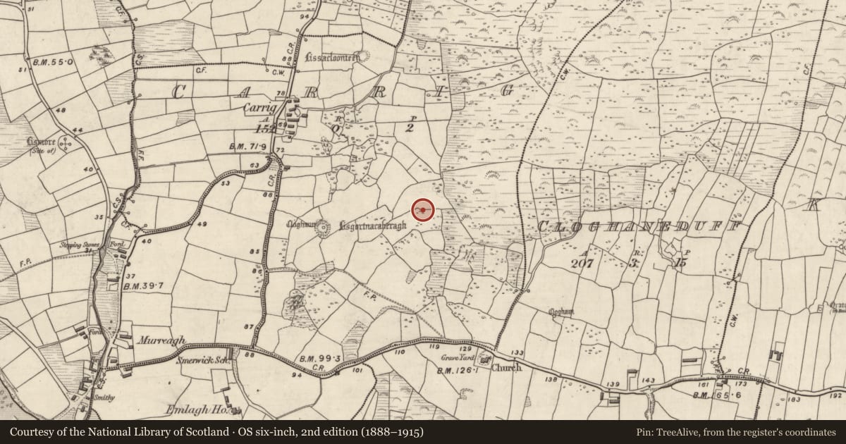 Ordnance Survey six-inch map, 2nd edition (1888–1915) covering the location of Hut site, An Charraig, County Kerry, with a pin at the register's coordinates